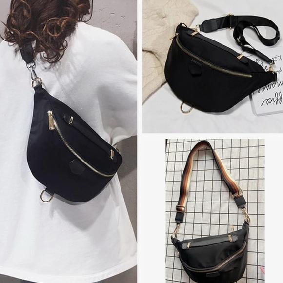 NWOT Pulassi Plus Size Black Fanny Pack, Unisex Cross Body Bag Black Gold Travel - Picture 5 of 8